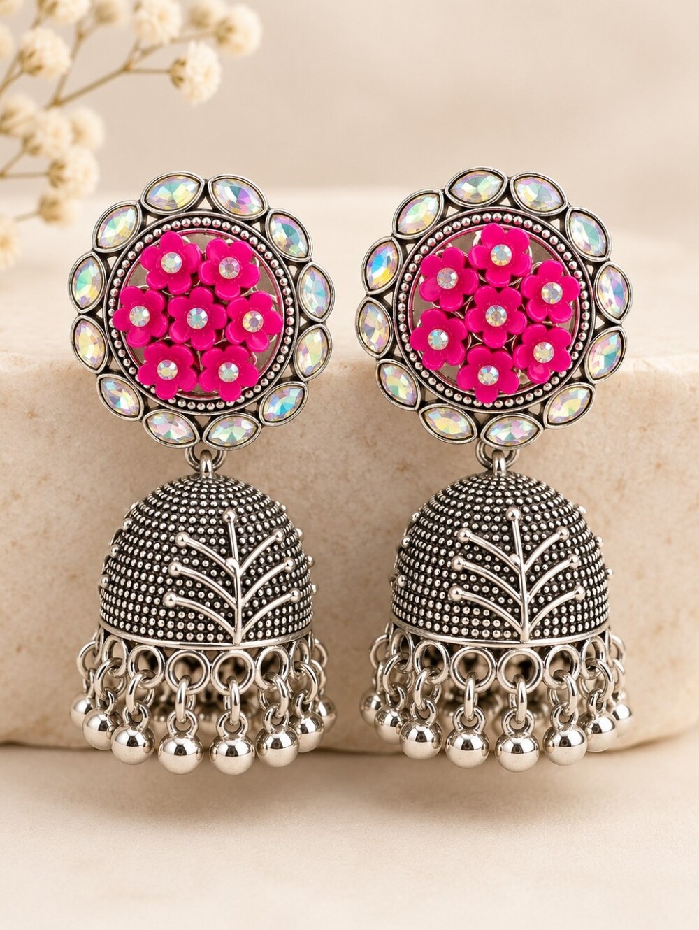 Rani Pink Floral Oxidized Jhumka Earrings | Indian Statement Jewelry